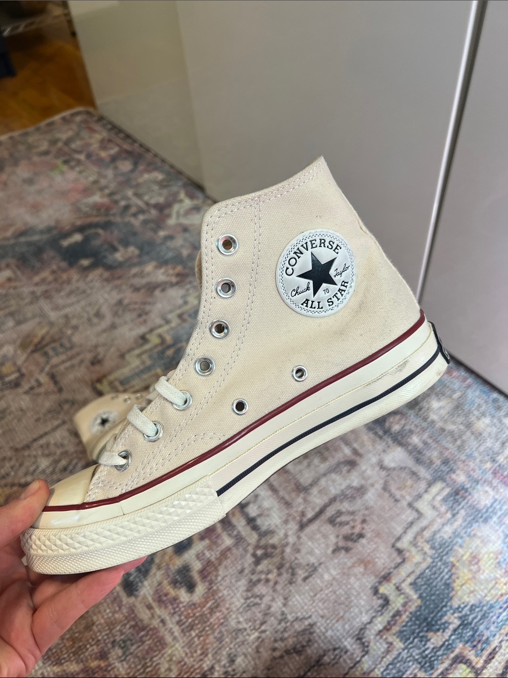 Converse High-Top Sneakers in Cream with Burgundy Stripe - Picture 3 of 8